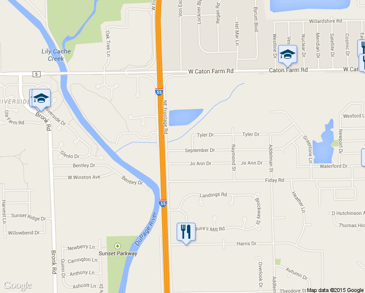 map of restaurants, bars, coffee shops, grocery stores, and more near 3127 September Drive in Joliet