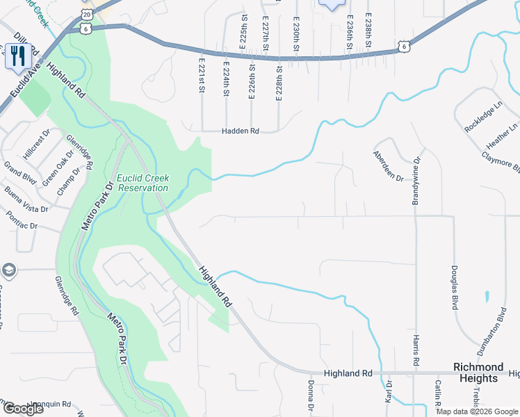 map of restaurants, bars, coffee shops, grocery stores, and more near 22651 Harms Road in Euclid