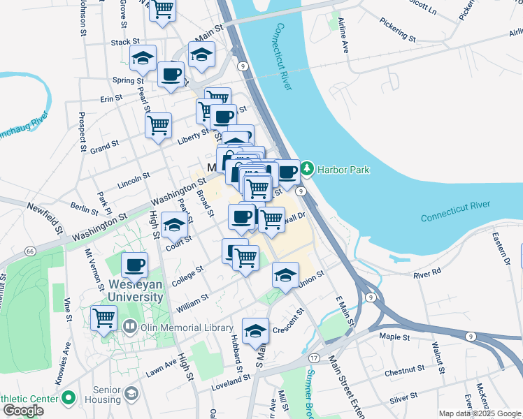 map of restaurants, bars, coffee shops, grocery stores, and more near 315 Main Street in Middletown