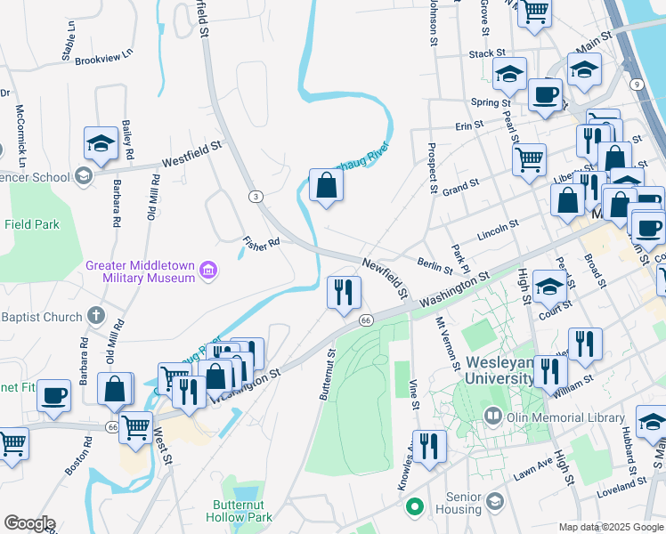 map of restaurants, bars, coffee shops, grocery stores, and more near 46 Jackson Street in Middletown