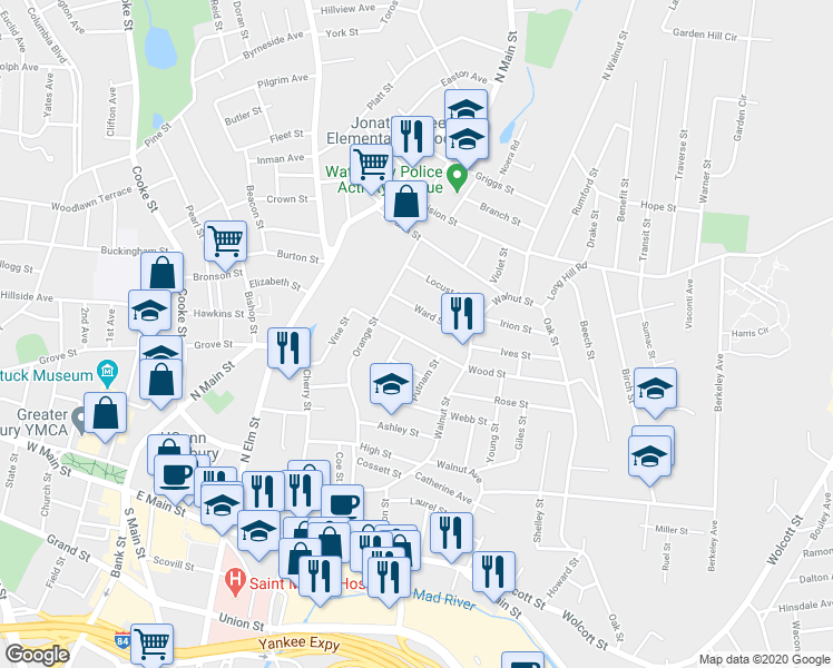 map of restaurants, bars, coffee shops, grocery stores, and more near 54 Ward Street in Waterbury