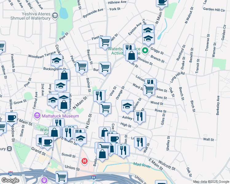map of restaurants, bars, coffee shops, grocery stores, and more near 60 Vine Street in Waterbury