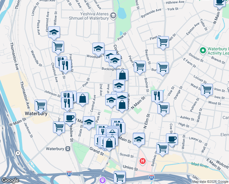 map of restaurants, bars, coffee shops, grocery stores, and more near 12 1st Avenue in Waterbury