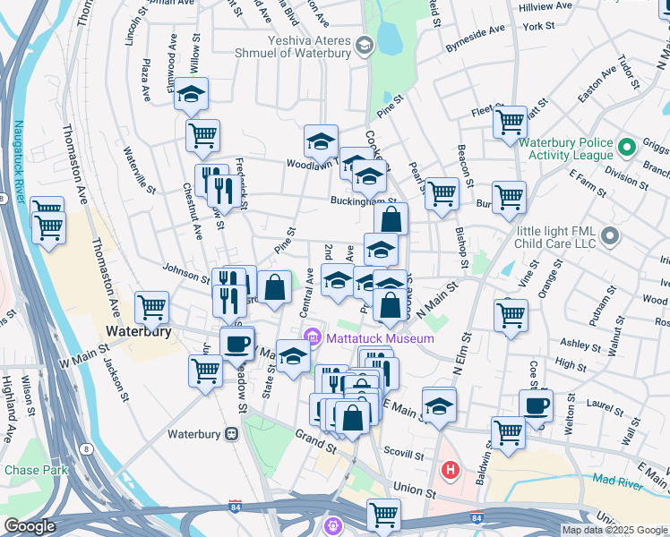 map of restaurants, bars, coffee shops, grocery stores, and more near 17 2nd Avenue in Waterbury
