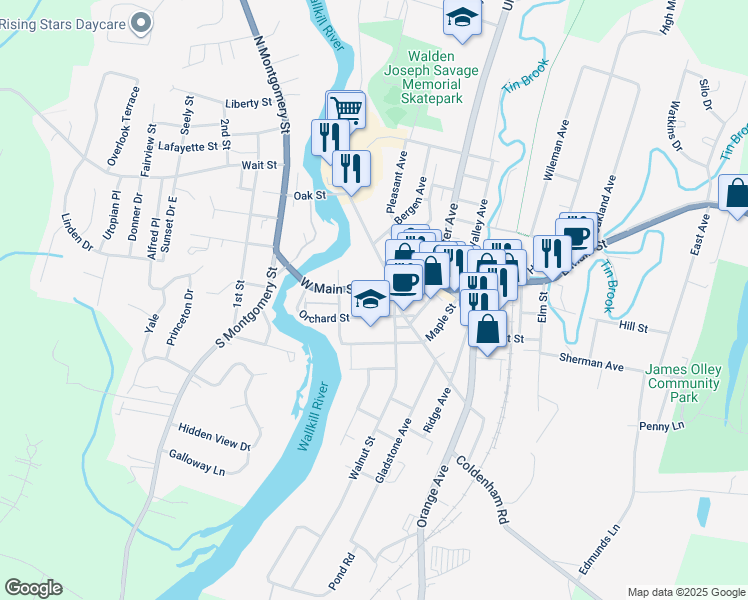 map of restaurants, bars, coffee shops, grocery stores, and more near 103 Main Street in Walden