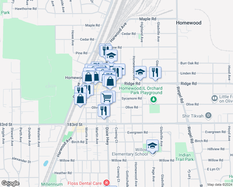 map of restaurants, bars, coffee shops, grocery stores, and more near 1935 Hickory Road in Homewood