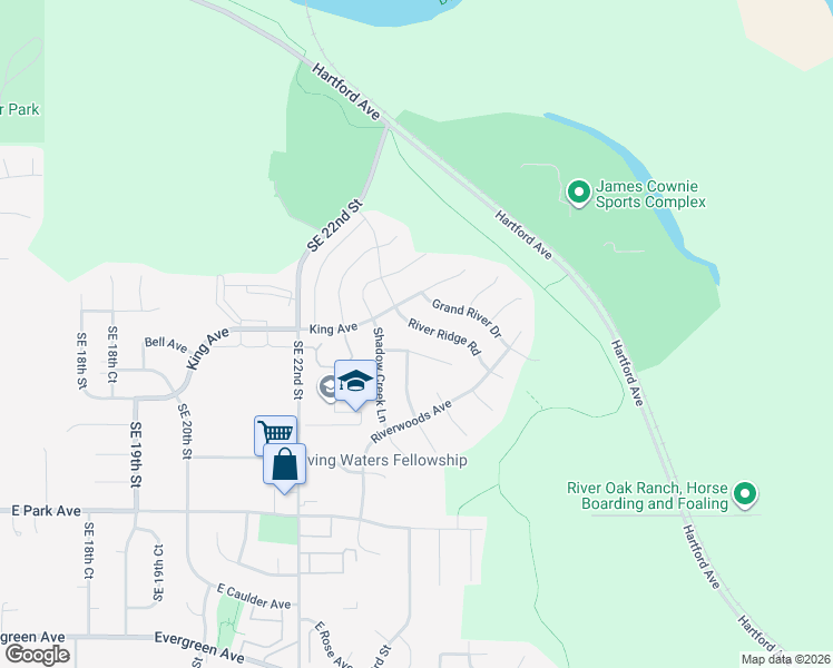 map of restaurants, bars, coffee shops, grocery stores, and more near 2712 River Ridge Road in Des Moines