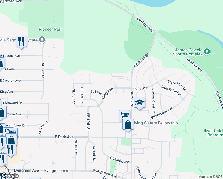 map of restaurants, bars, coffee shops, grocery stores, and more near 2051 King Avenue in Des Moines