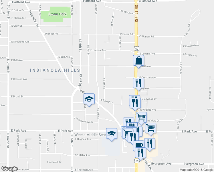 map of restaurants, bars, coffee shops, grocery stores, and more near 2711 Southeast 8th Court in Des Moines