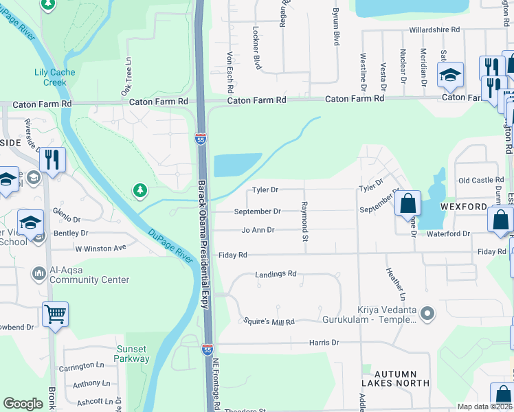 map of restaurants, bars, coffee shops, grocery stores, and more near 3117 September Dr in Joliet