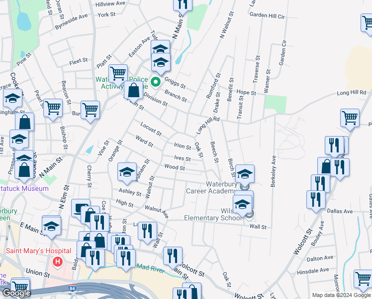 map of restaurants, bars, coffee shops, grocery stores, and more near 48 Irion Street in Waterbury