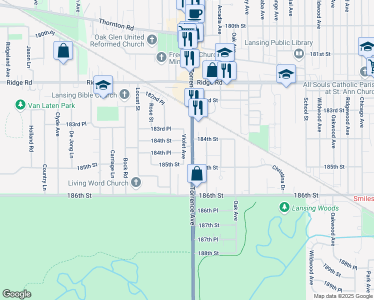 map of restaurants, bars, coffee shops, grocery stores, and more near 18416 Torrence Avenue in Lansing