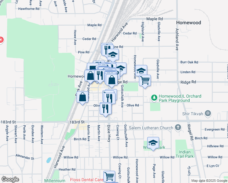 map of restaurants, bars, coffee shops, grocery stores, and more near 1941 Hickory Road in Homewood