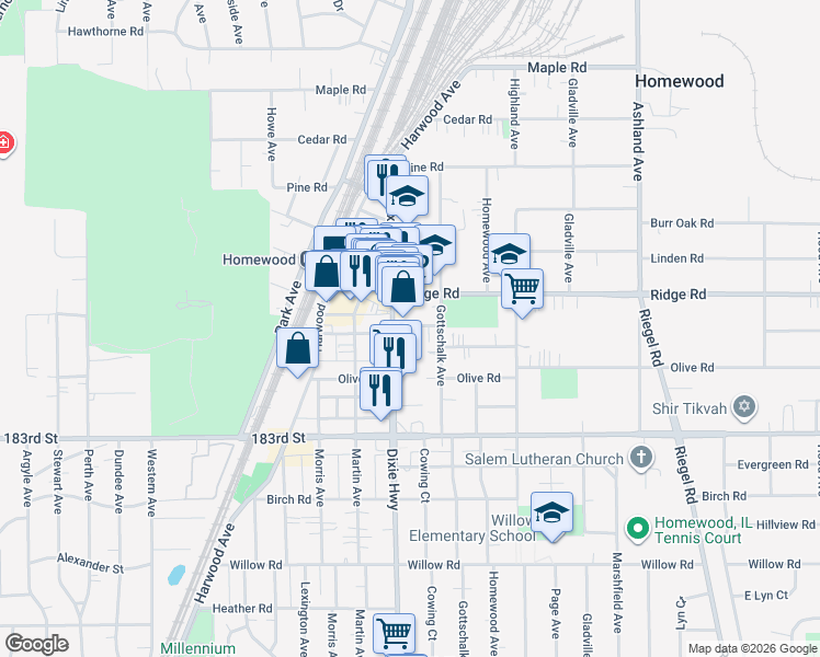 map of restaurants, bars, coffee shops, grocery stores, and more near 1943 Hickory Road in Homewood