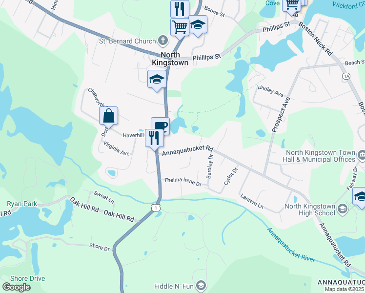 map of restaurants, bars, coffee shops, grocery stores, and more near 731 Annaquatucket Road in North Kingstown