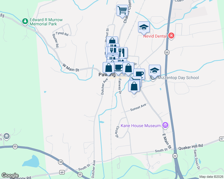 map of restaurants, bars, coffee shops, grocery stores, and more near 12 Henry Street in Pawling