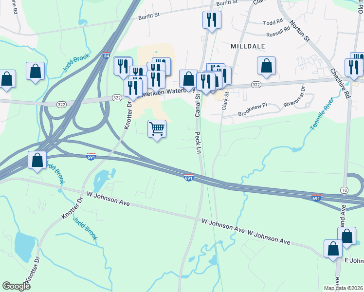 map of restaurants, bars, coffee shops, grocery stores, and more near 50 Saint Joseph Street in Cheshire