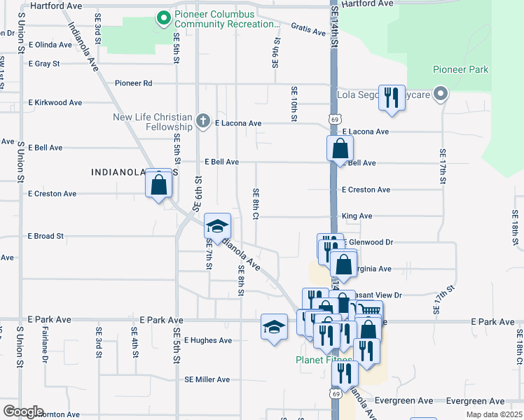 map of restaurants, bars, coffee shops, grocery stores, and more near 2711 Southeast 8th Court in Des Moines