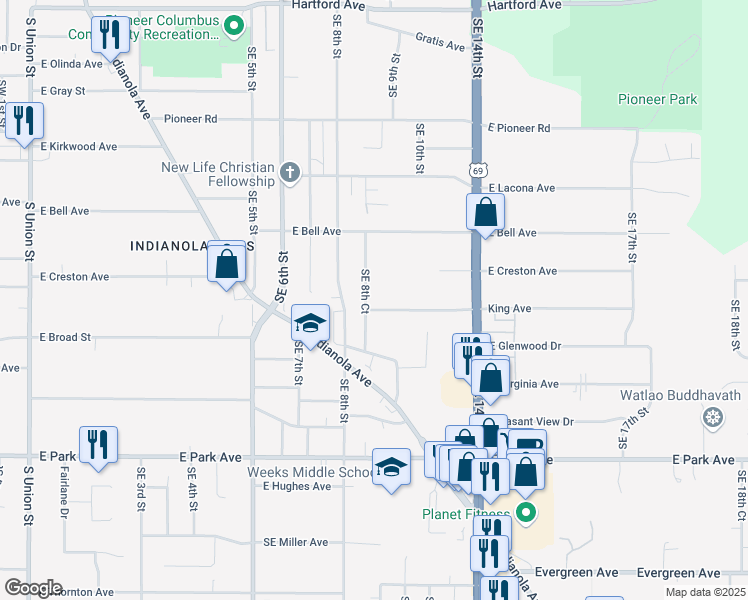 map of restaurants, bars, coffee shops, grocery stores, and more near 2711 Southeast 8th Court in Des Moines