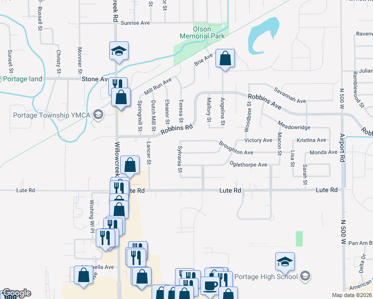 map of restaurants, bars, coffee shops, grocery stores, and more near 6100-6298 Abercorn Avenue in Portage