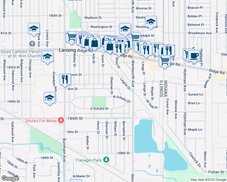 map of restaurants, bars, coffee shops, grocery stores, and more near 3435 Ann Street in Lansing