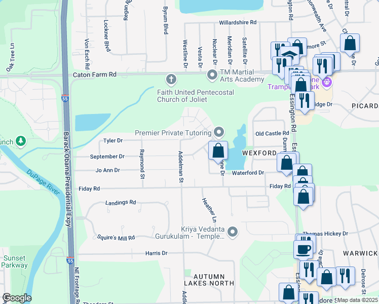 map of restaurants, bars, coffee shops, grocery stores, and more near 3515 September Drive in Joliet