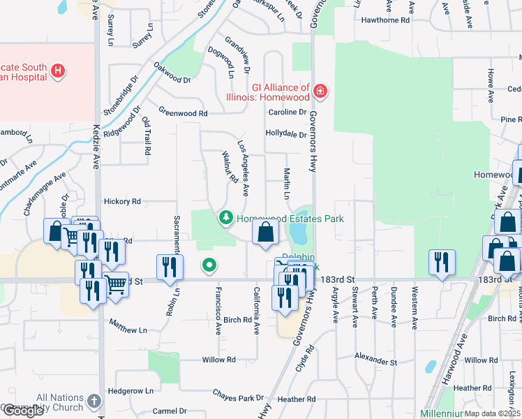 map of restaurants, bars, coffee shops, grocery stores, and more near 18116 Cherrywood Lane in Homewood
