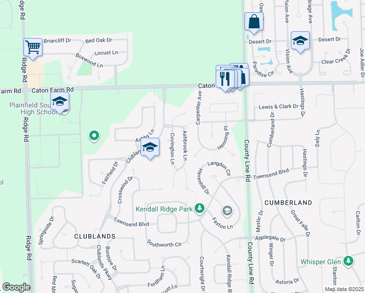 map of restaurants, bars, coffee shops, grocery stores, and more near 2207 Ashbrook Lane in Plainfield