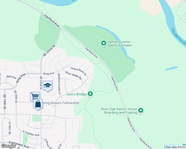 map of restaurants, bars, coffee shops, grocery stores, and more near 2537 Riverwoods Avenue in Des Moines