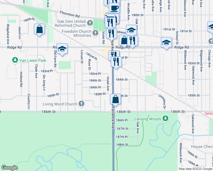 map of restaurants, bars, coffee shops, grocery stores, and more near 2356 184th Place in Lansing