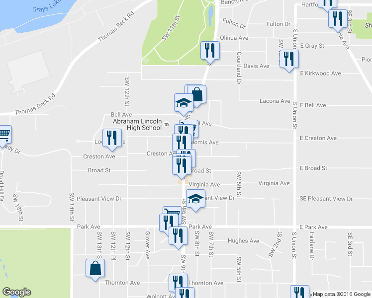 map of restaurants, bars, coffee shops, grocery stores, and more near 2721 Southwest 9th Street in Des Moines
