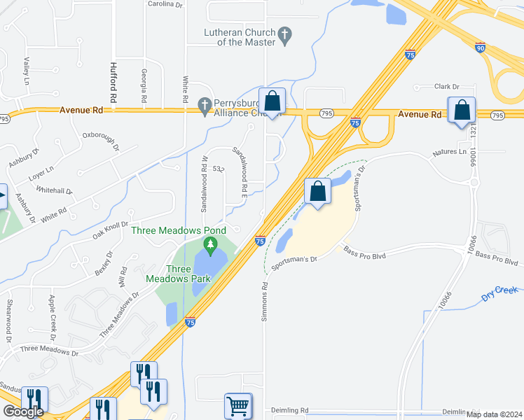 map of restaurants, bars, coffee shops, grocery stores, and more near 28315 Simmons Road in Perrysburg