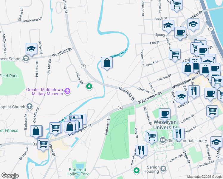 map of restaurants, bars, coffee shops, grocery stores, and more near 46 Jackson Street in Middletown