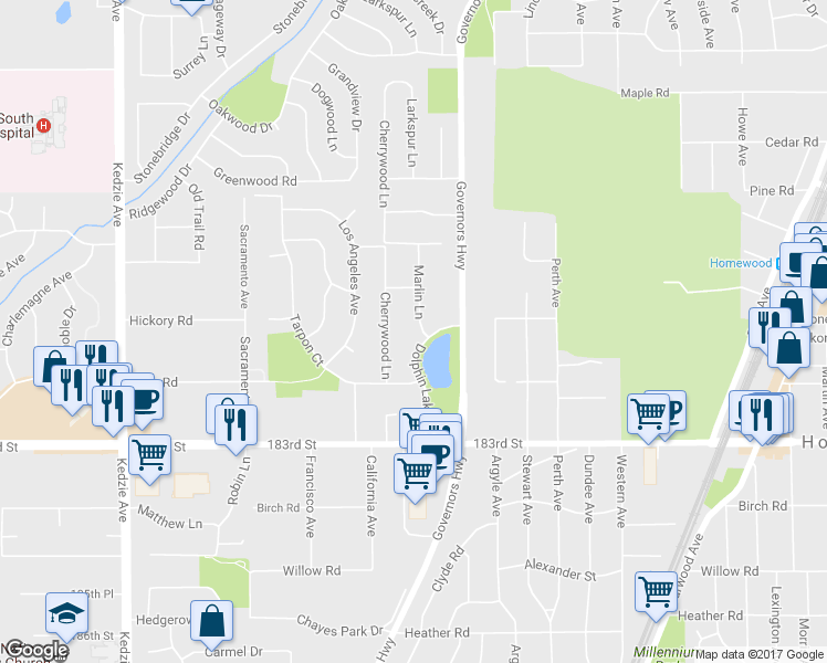map of restaurants, bars, coffee shops, grocery stores, and more near 18118 Marlin Lane in Homewood