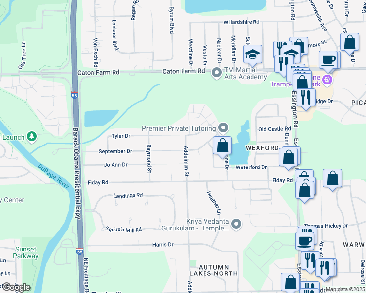 map of restaurants, bars, coffee shops, grocery stores, and more near 3001 September Drive in Joliet