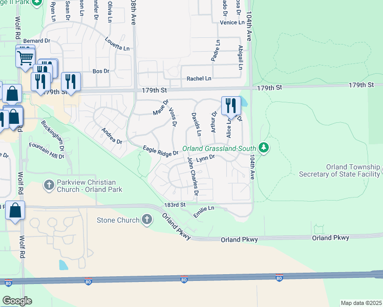 map of restaurants, bars, coffee shops, grocery stores, and more near 10605 Eagle Ridge Drive in Orland Park