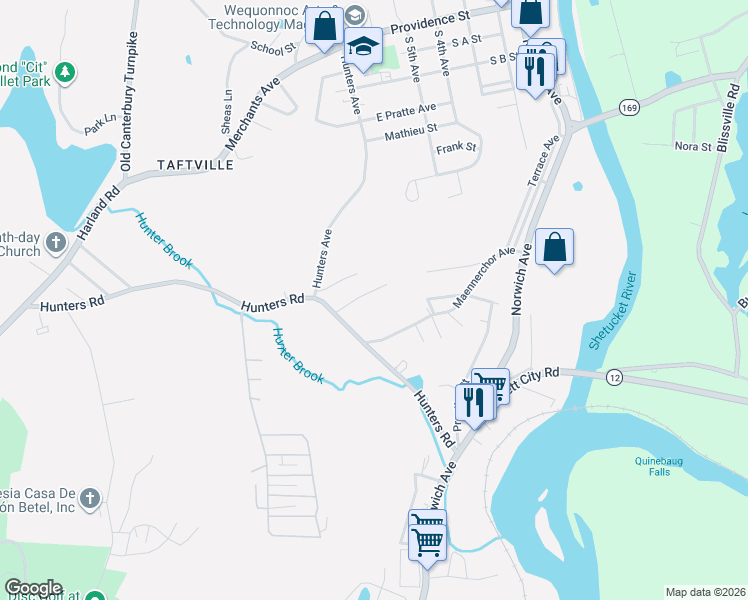 map of restaurants, bars, coffee shops, grocery stores, and more near 19 Laporte Drive in Norwich