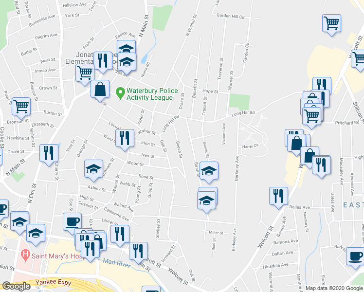 map of restaurants, bars, coffee shops, grocery stores, and more near 69 Beech Street in Waterbury