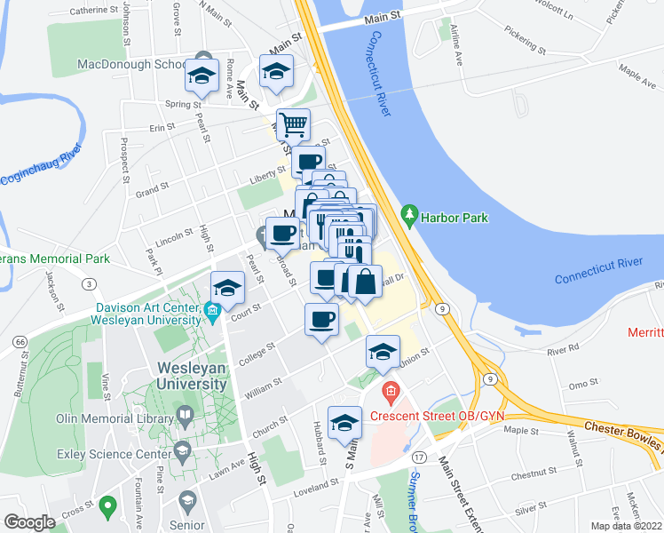 map of restaurants, bars, coffee shops, grocery stores, and more near 315 Main Street in Middletown