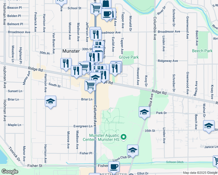 map of restaurants, bars, coffee shops, grocery stores, and more near 900 Ridge Road in Munster