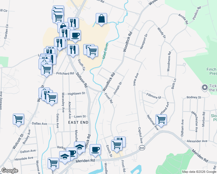 map of restaurants, bars, coffee shops, grocery stores, and more near 494 Woodtick Road in Waterbury