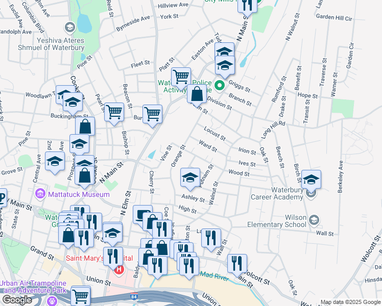map of restaurants, bars, coffee shops, grocery stores, and more near 48 Wood Street in Waterbury