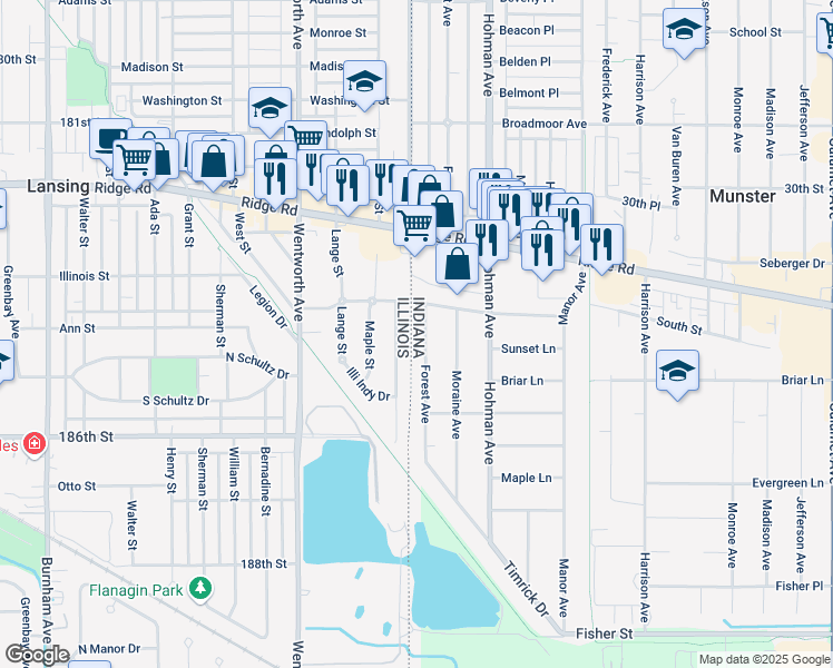 map of restaurants, bars, coffee shops, grocery stores, and more near 8422 Forest Avenue in Munster