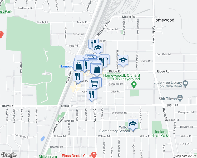 map of restaurants, bars, coffee shops, grocery stores, and more near 1945 Hickory Road in Homewood