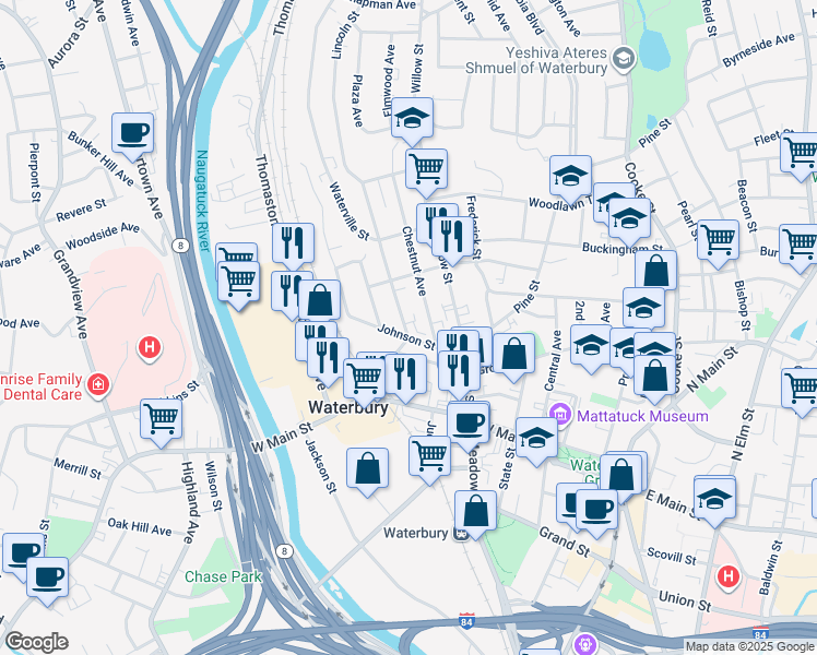 map of restaurants, bars, coffee shops, grocery stores, and more near 10 Waterville Street in Waterbury