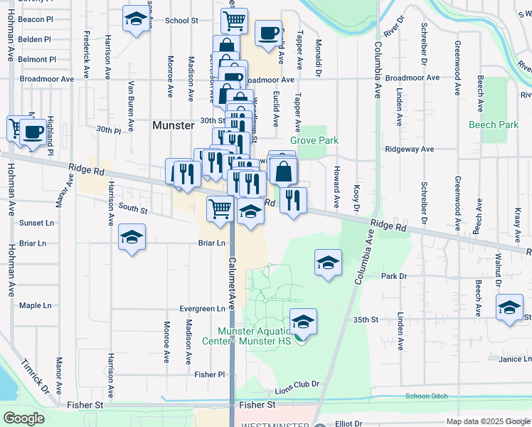 map of restaurants, bars, coffee shops, grocery stores, and more near 900 Ridge Road in Munster