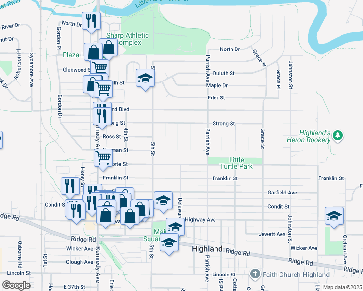 map of restaurants, bars, coffee shops, grocery stores, and more near 8417 Delaware Street in Highland