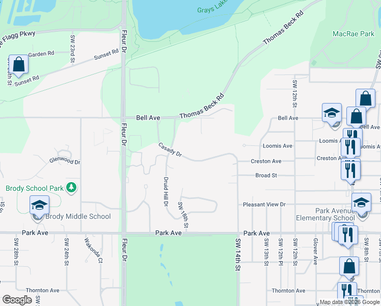 map of restaurants, bars, coffee shops, grocery stores, and more near 1701 Casady Drive in Des Moines