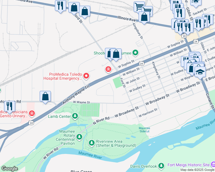 map of restaurants, bars, coffee shops, grocery stores, and more near 991 Joliet Drive in Maumee