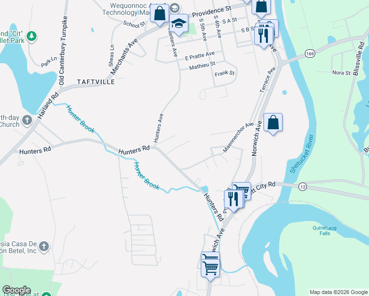 map of restaurants, bars, coffee shops, grocery stores, and more near 19 Laporte Drive in Norwich